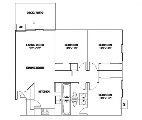 A floor plan of a house with a living room, two bedrooms, a dining room, and a kitchen.